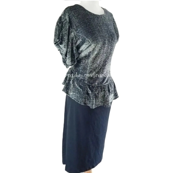 VINTAGE 80S METALLIC LUREX PEPLUM DRESS SZ L XL - Picture 6 of 10
